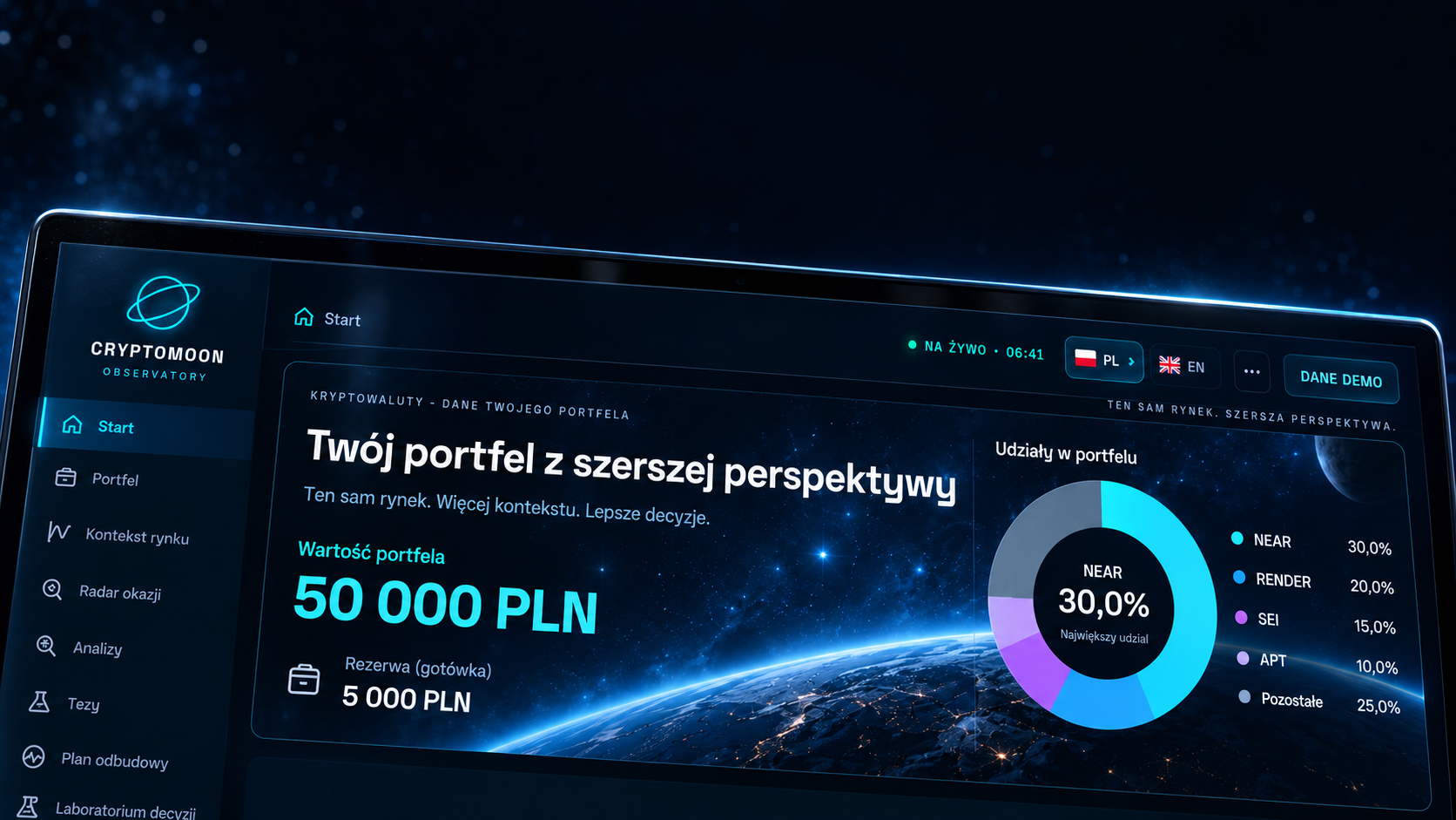 Wizualizacja zestawienia portfela CryptoMoon z wartością pozycji, rezerwą i udziałem aktywów